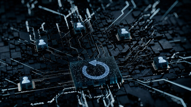 Reload Technology Concept with refresh symbol on a Microchip. White Neon Data flows between Users and the CPU across a Futuristic Motherboard. 3D render.