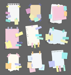 Paper notes stickers. Set of different  note papers. Blank of multicolor stickers. Sticky sheets of various colors and size  illustration