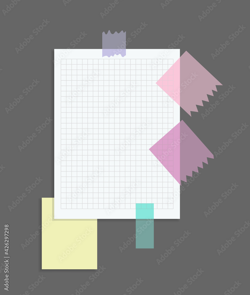 Poster paper notes stickers. place for memo messages on paper sheets. attached with sticky colorful tape on