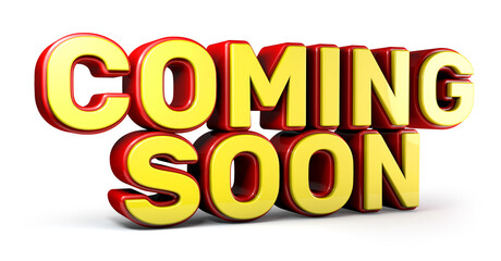 Coming soon 3d word made from red and yellow isolated on white background. 3d illustration.