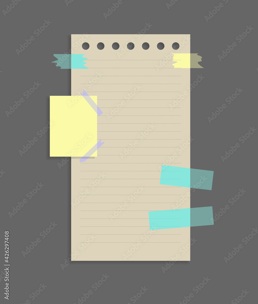 Poster paper notes stickers. place for memo messages on paper sheets. attached with sticky colorful tape on