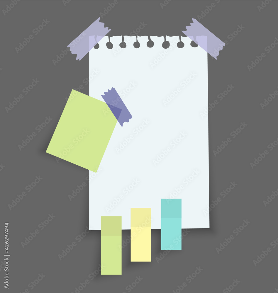 Poster paper notes stickers. place for memo messages on paper sheets. attached with sticky colorful tape on