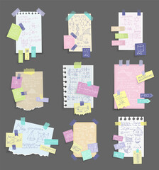 Paper notes stickers. Set of different  note papers. Blank of multicolor stickers. Sticky sheets of various colors and size  illustration