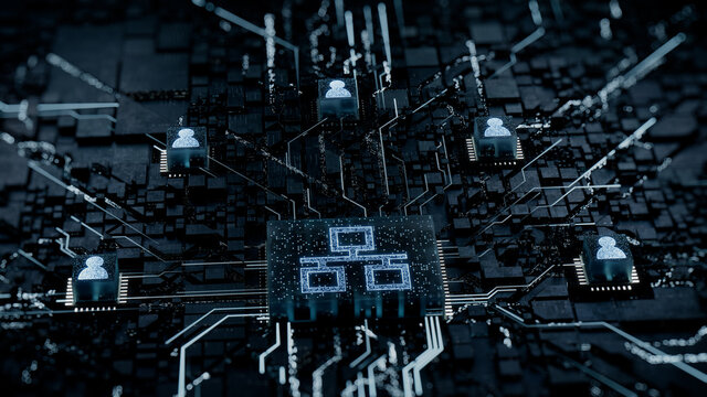Network Technology Concept with ethernet symbol on a Microchip. White Neon Data flows between Users and the CPU across a Futuristic Motherboard. 3D render.