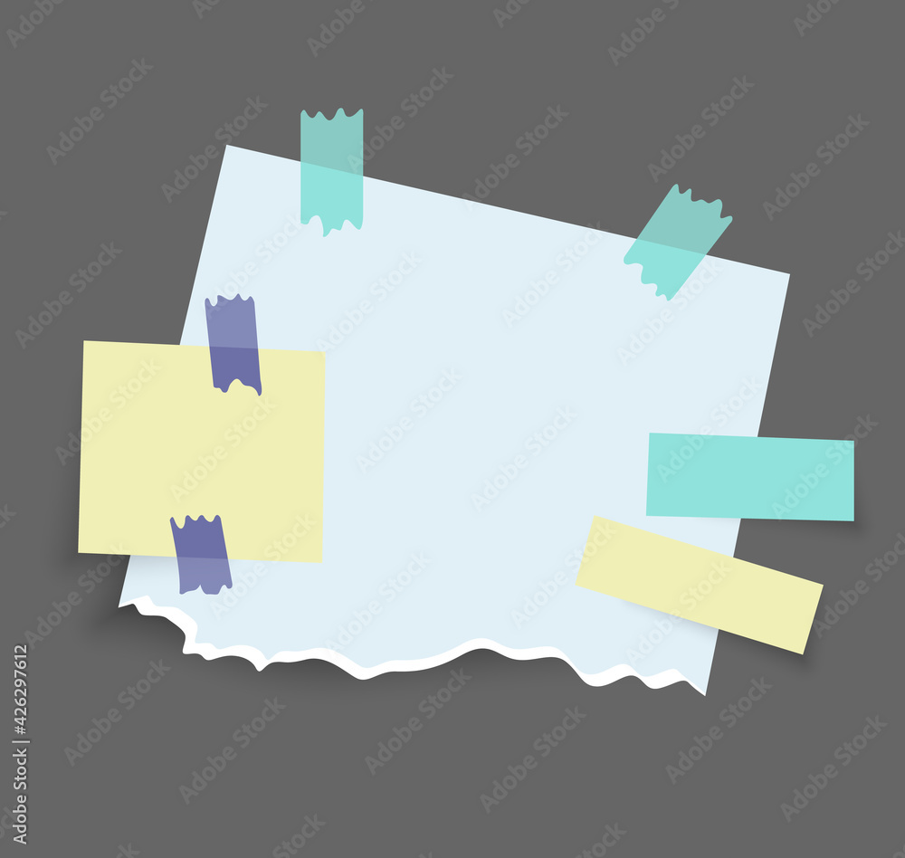 Poster paper notes stickers. place for memo messages on paper sheets. attached with sticky colorful tape on