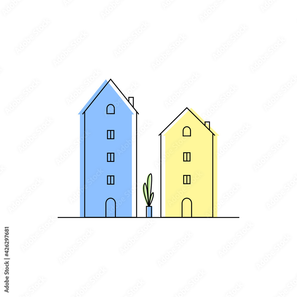 Wall mural Vector line illustration of two houses, apartment buildings standing side by side. Street, minimal city landscape. Logo,emblem, icon, template design.