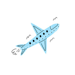 Vector illustration of airplane takes off or flying plane. Blue silhouette with lines isolated on white background. Cartoon flat style. Hand drawn.
