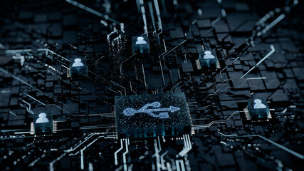 Interface Technology Concept with usb symbol on a Microchip. White Neon Data flows between Users and the CPU across a Futuristic Motherboard. 3D render.