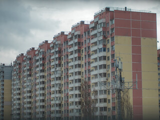 Multi-storey panel house made of reinforced concrete. Typical urban development for residential areas of Russia