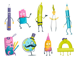Set of cartoon characters of school supply items with happy faces. Back to school funny smileys.  objects isolated on white background