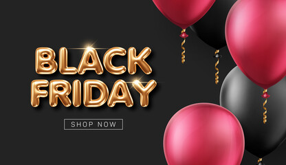 Black Friday sale banner with 3d golden letters and balloons on black background