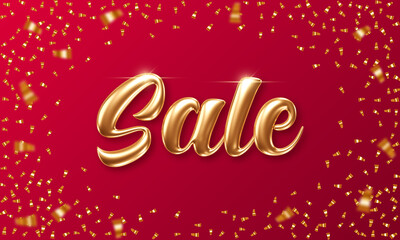 Sale banner template with 3d golden letters and confetti on red background