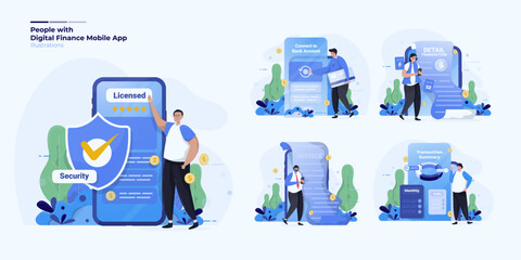 Illustration collection set about people with digital finance mobile application