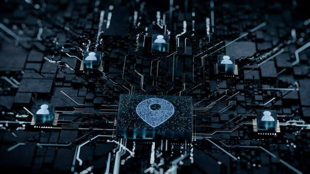 Location Technology Concept with map pin symbol on a Microchip. White Neon Data flows between Users and the CPU across a Futuristic Motherboard. 3D render.