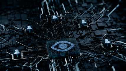 Vision Technology Concept with eye symbol on a Microchip. White Neon Data flows between Users and the CPU across a Futuristic Motherboard. 3D render.