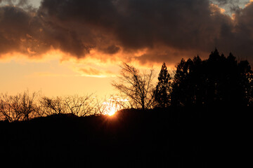 山に沈む夕日　太陽の光　夕焼け　森