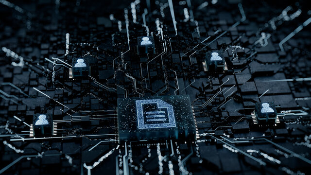 Word document Technology Concept with document symbol on a Microchip. White Neon Data flows between Users and the CPU across a Futuristic Motherboard. 3D render.