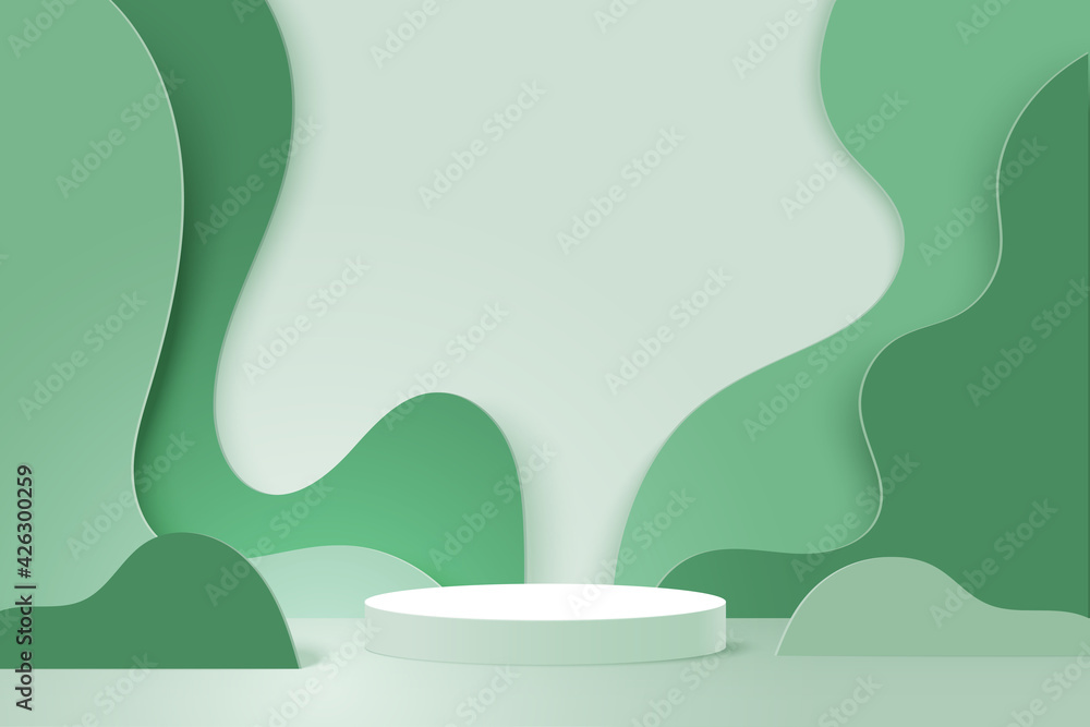 Poster 3d paper cut abstract minimal geometric shape template background.white cylinder podium on green nat