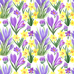 Waterclor colorful  seamless  pattern of spring flowers.  Hand Illustration of primrose for creating fabrics, textile, decoupage, wallpapers, print, gift wrapping paper, invitations, textile.