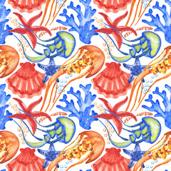 Watercolor seashells and starfish seamless pattern. Illustration of jellyfishes and sea stars for creating fabrics, textile, decoupage, wallpapers, print. Isolated on white background.