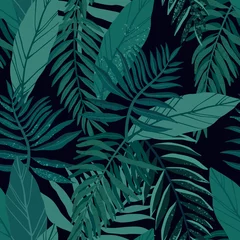Tapeten Tropisch Satz 1 Nahtloses tropisches Muster mit exotischen Palmblättern und verschiedenen Pflanzen auf dunklem Hintergrund.