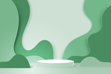 3d Paper cut abstract minimal geometric shape template background.White cylinder podium on green nature wavy layer background.