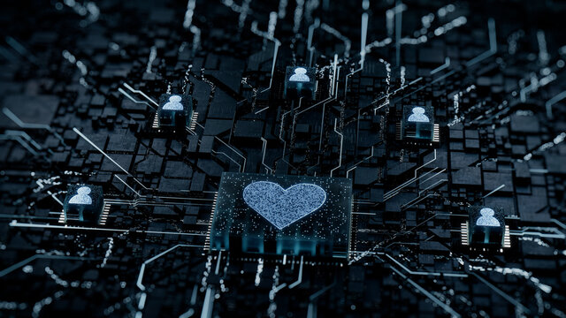 Love Technology Concept with heart symbol on a Microchip. White Neon Data flows between Users and the CPU across a Futuristic Motherboard. 3D render.
