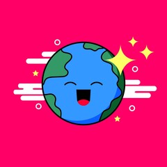 Happy Earth day banner. Cartoon cute earth icon with a happy expression. Environmental problems and environmental protection. Vector illustration. Caring for Nature. Earth hour day