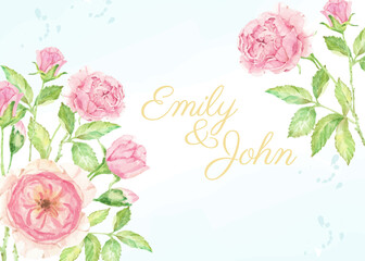 watercolor pink rose flower branch bouquet  wedding invitation card background template