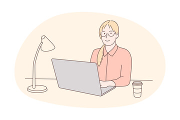 a young woman working at home using a laptop with a happy expression. Hand drawn style vector design illustrations.