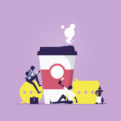Break and relaxation vector concept, business people having coffee break, Business man and woman drinking coffee or tea with dialog speech bubbles, coffee break, having nice chat