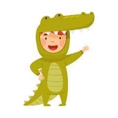 Little Boy Wearing Crocodile Costume Waving Hand and Having Fun Vector Illustration
