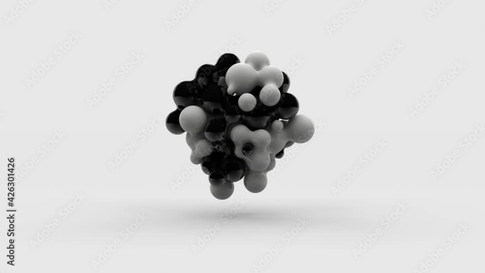 Poster loop 3d animation of the appearance of black and white liquid droplets that interact and merge with 