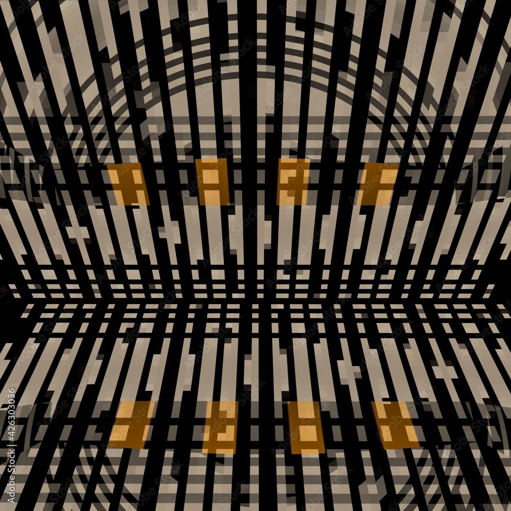Poster 3d design in grey orange and white on a jet black background intricate patterns and shapes
