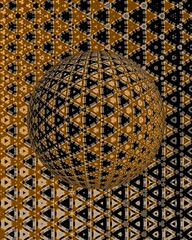 3d hexagonal mosaic onto a spherical surface in gold and black