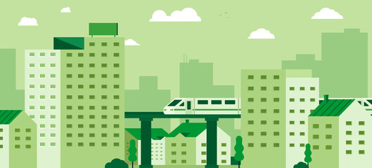 Subway over city skyscraper view cityscape background skyline flat banner vector illustration, green city theme