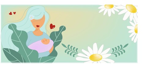 Delicate banner with daisies for Mother's Day. A young mother gently holds the baby in caring hands. Motherhood theme. Flat vector illustration. Background with decorative plants and space for text.
