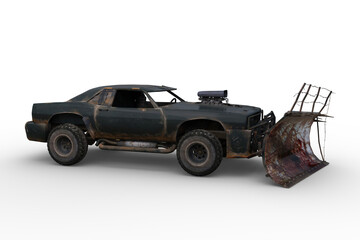 3D rendering of a post apocalyptic vehicle with blood stained plow isolated on a white background. © IG Digital Arts