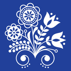 Scandinavian folk art ornament with flowers, Nordic floral design, retro background in white on navy blue  © redkoala