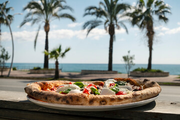 Oven baked pizza with buffalo mozzarella, parmigiano-reggiano cheese, basil and anchovies on a...