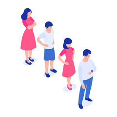 Queue of people of different gender and age, men and women. Several flat faceless characters. Vector illustration in isometric style. Isolated on white background.