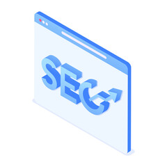 Web page with the words SEO on it. Website search engine optimization concept. Vector illustration in isometric style. Isolated on white background.