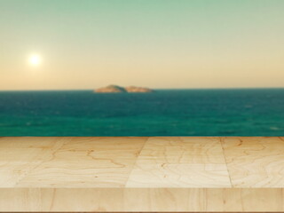 Fototapeta premium nice wood table with huge rock in sea background