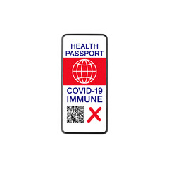 Digital Health passport NO COVID 19 immunity smartphone screen white background isolated, coronavirus vaccination certificate mobile phone app, NOT vaccinated people, international tourism travel, red