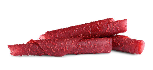 Delicious fruit leather rolls on white background