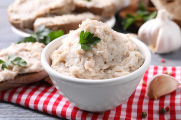 Lard spread served with bread on table