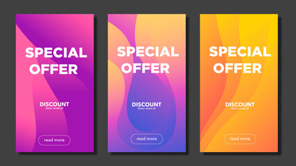 Set of Discount banners, Special Offer minimalistic wavy backgrounds for web page or mobile apps. Vector modern composition, eps10