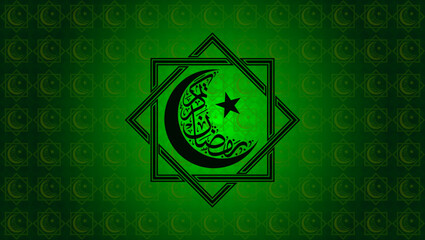 Ramadan Kareem Desktop Wallpaper. Ramadan Kareem Calligraphy in Arabic with Crescent Moon and Star Symbol on Patterned Green Background