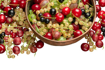 cherry berries, currants and gooseberries in an copper ladle. isolated on white,mockup