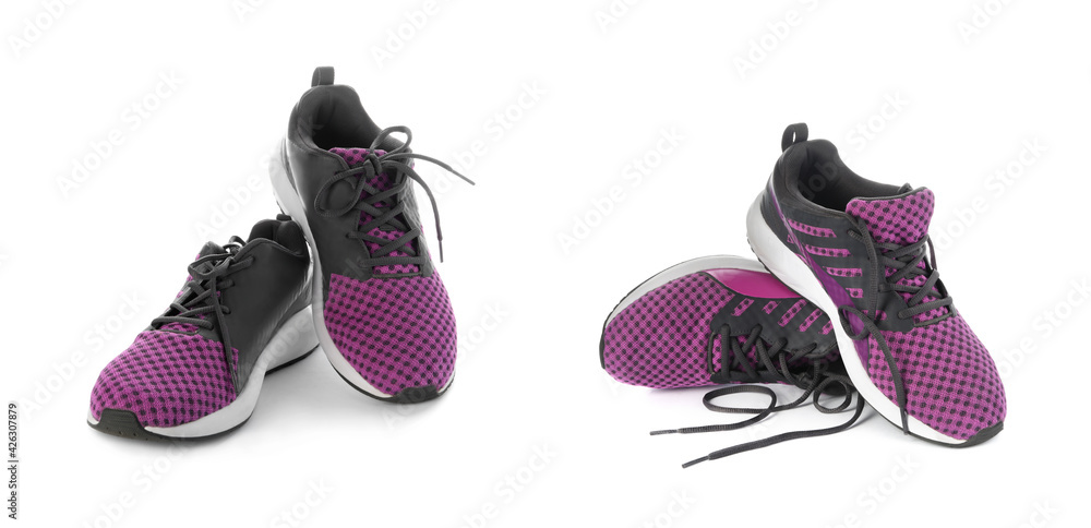 Wall mural stylish purple sneakers with black shoelaces on white background, collage. banner design